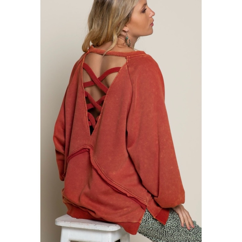 POL Rusted Orange Criss Cross Back Slouchy French Terry Pullover - Picture 10 of 12